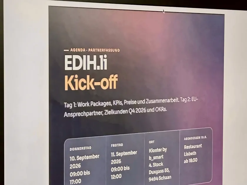 Bildschirm mit der Agenda des EDIH.li-Kickoffs am 10. und 11. September 2026 in Schaan