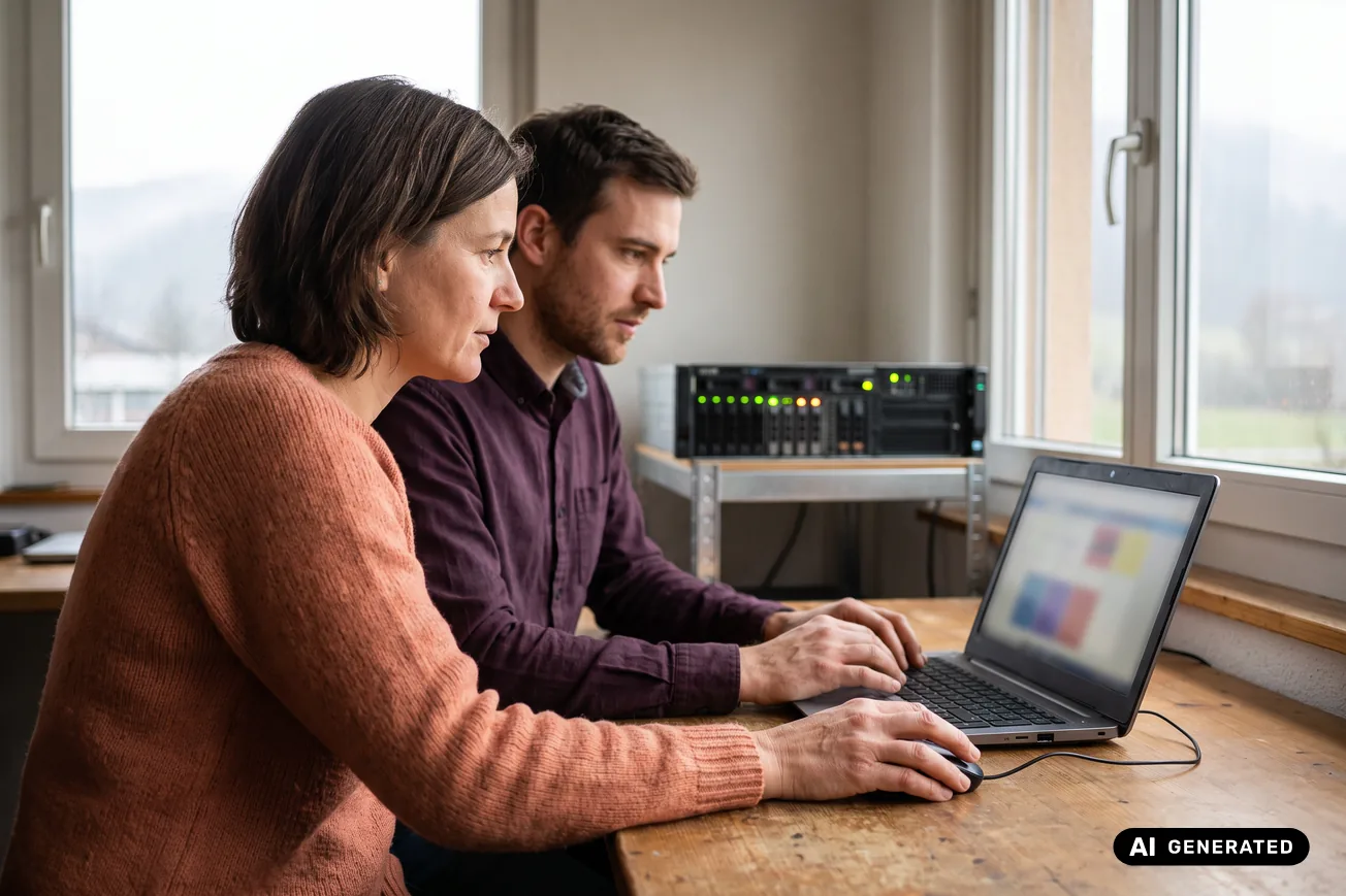 Eine Unternehmerin und ein IT-Verantwortlicher prüfen am Laptop gemeinsam Zugriffsrechte, im Hintergrund ein Server