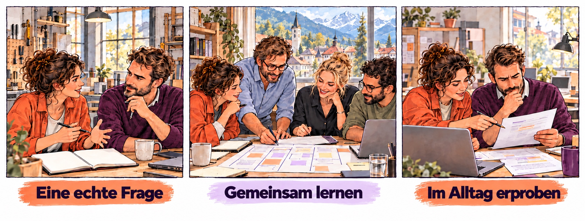 Fiktiver Comic: Ein kleines Team bringt eine Frage in einen Workshop ein, lernt gemeinsam und erprobt KI anschliessend an der eigenen Arbeit.