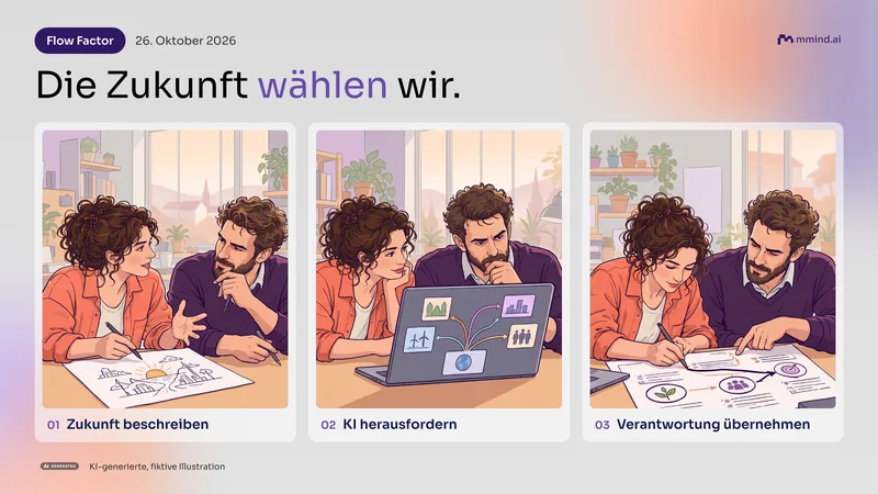 Dreiteiliger Comic im mmind.ai-Stil: Zwei Personen beschreiben ihre gewünschte Zukunft, prüfen KI-Alternativen am Laptop und entscheiden gemeinsam. Titel: Die Zukunft wählen wir.